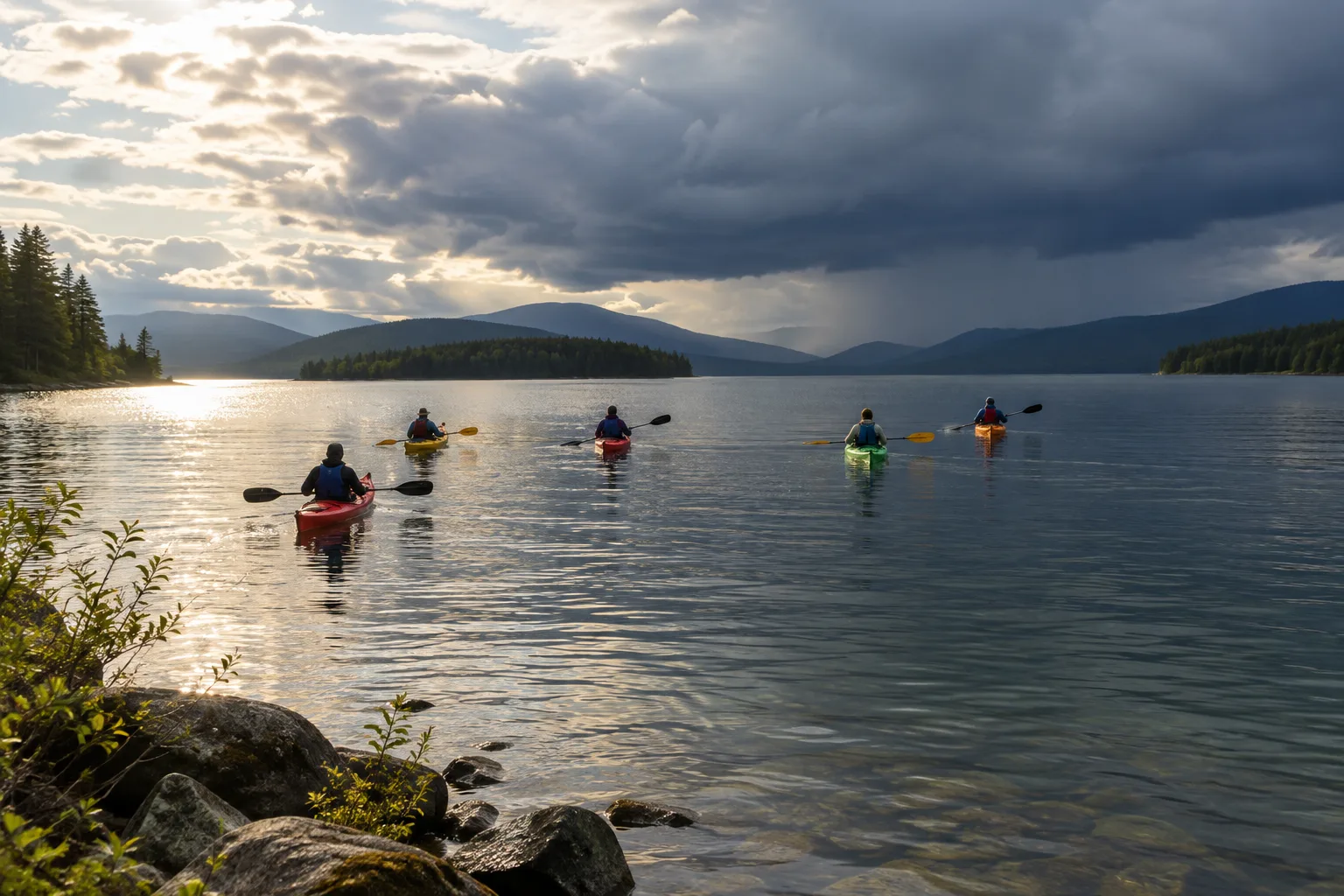 Des kayaks sur un lac sous un ciel nuageux, avec une éclaircie à l’horizon.