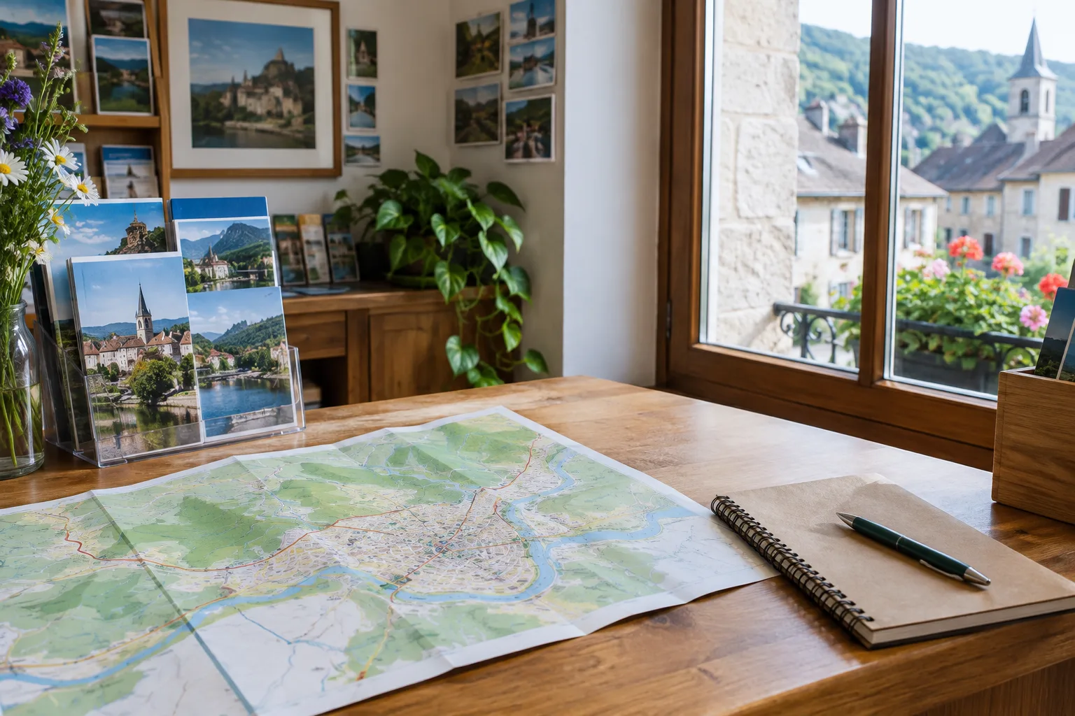Carte touristique et carnet posés sur le comptoir d’un point d’information local.