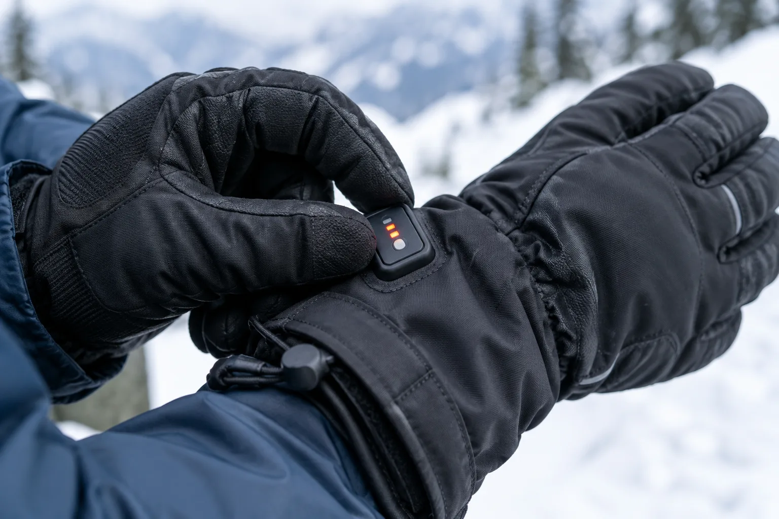Des mains gantées manipulent le réglage d’un gant chauffant en extérieur.