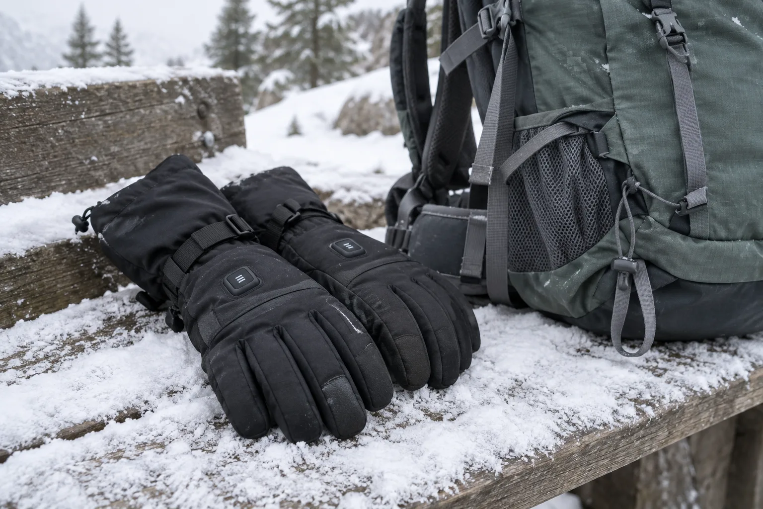 Des gants d’hiver posés près d’un sac de randonnée sur un banc enneigé.