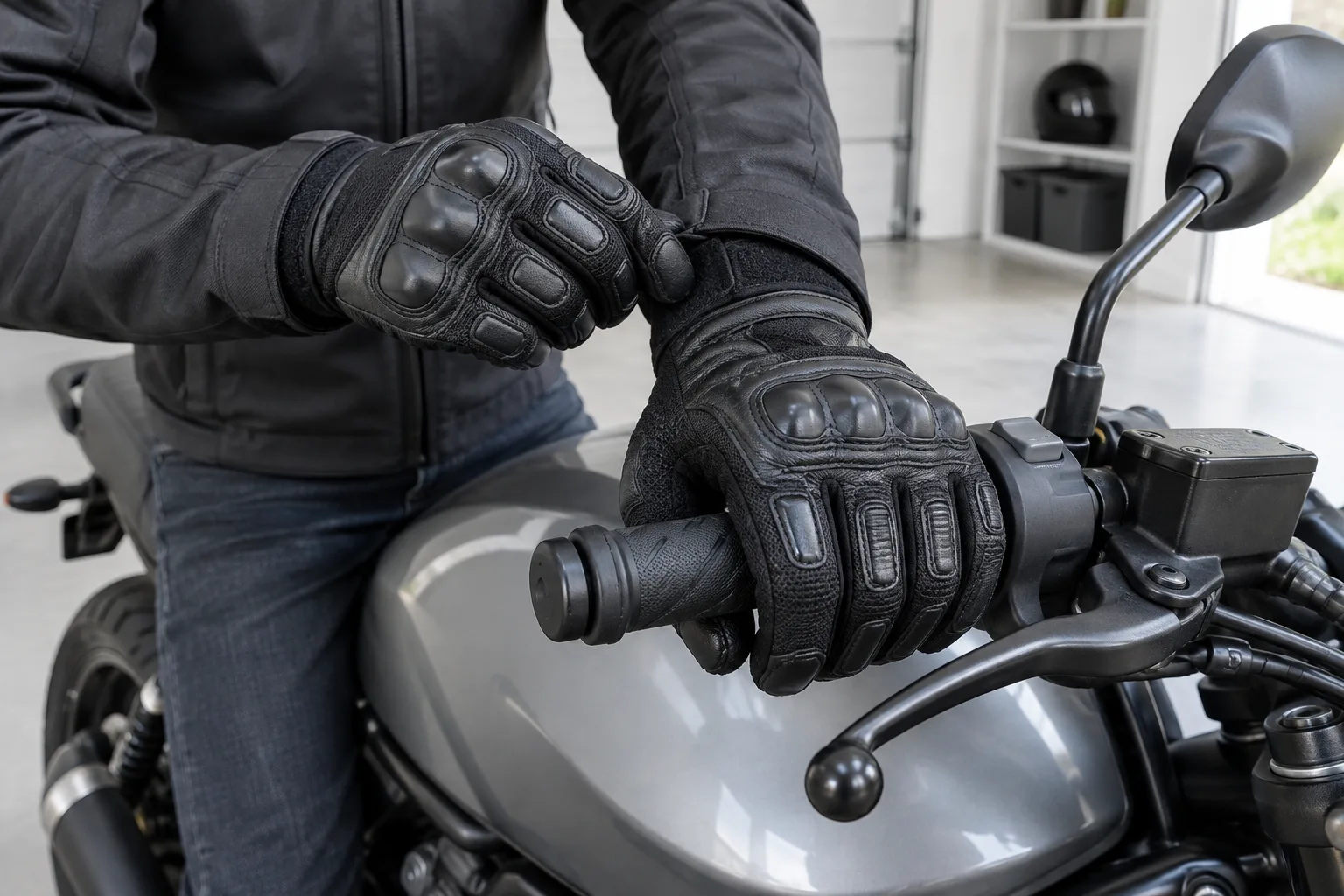 Un motard vérifie l’ajustement de son gant en tenant le guidon à l’arrêt.