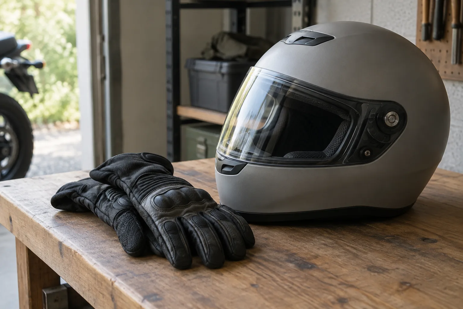 Une paire de gants de moto posée près d’un casque dans un garage lumineux.