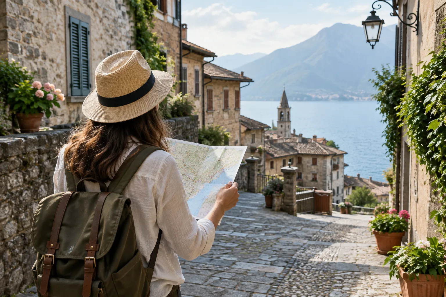 Un visiteur consulte une carte dans une rue ancienne près d’un lac.