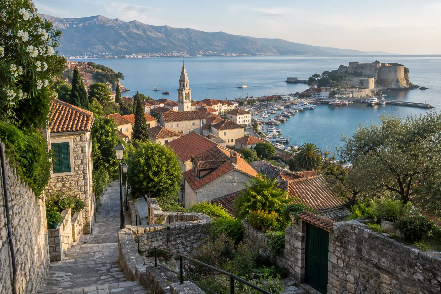 Vue d’un village côtier avec des ruelles qui descendent vers le port.