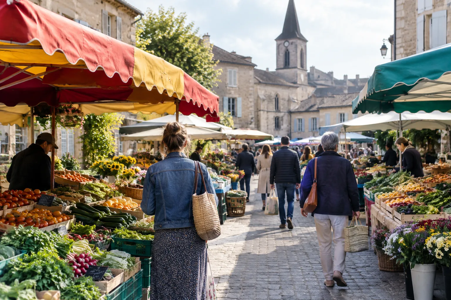 Étal de fruits et légumes sous les auvents d’un marché local.